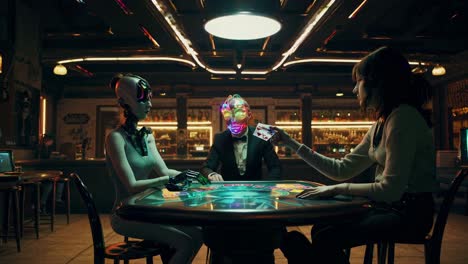 robots and humans play at a futuristic casino