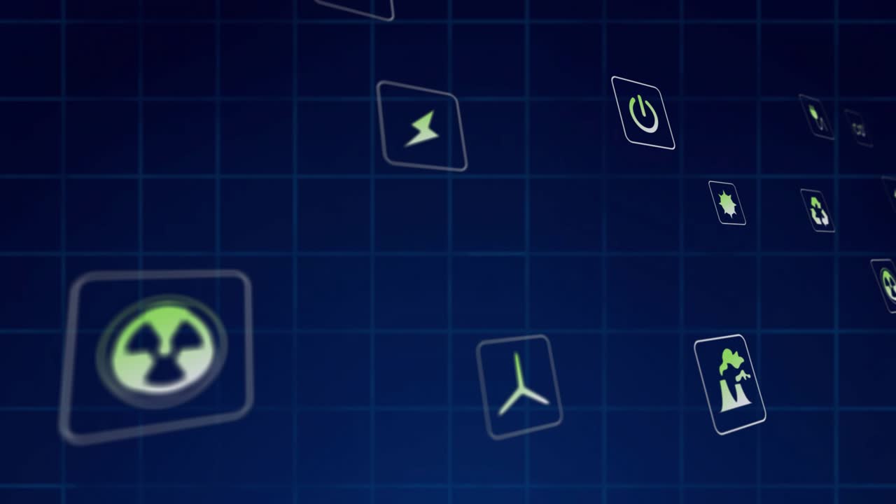 Portal and rings fading in over grid, energy icons orbiting inward connecting environmental metrics