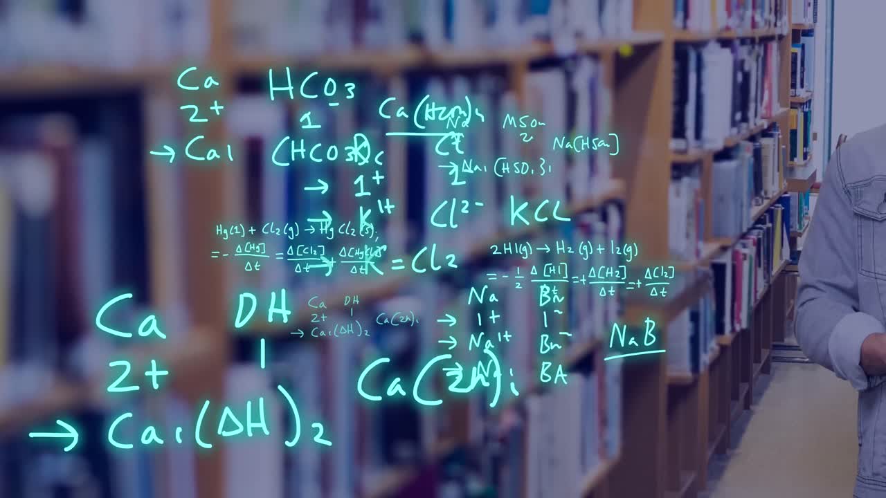 도서관에서 백인 남성 학생에 대한 과학 데이터 처리의 애니메이션