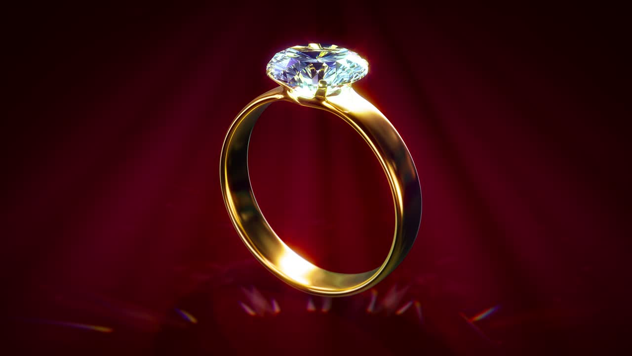 반이는 다이아몬드 결혼 반지가 어두운 빨간색 bg에 회전합니다.
