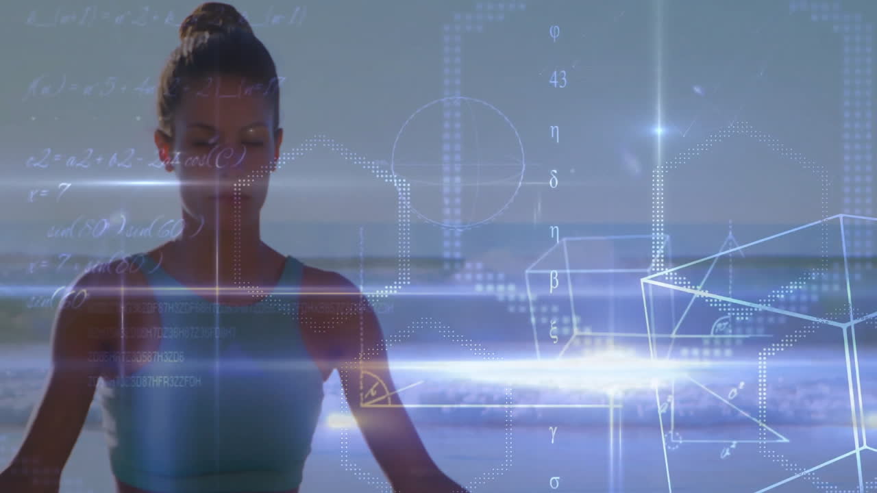 Meditating woman on beach with animation of geometric shapes and equations