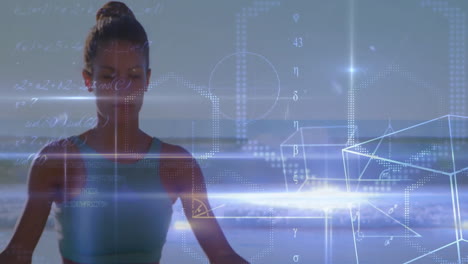 meditating woman on beach with animation of geometric shapes and equations