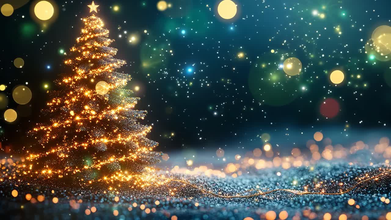 A Christmas tree with lights is in the snow. The snow is falling and the tree is lit up