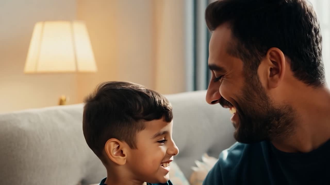 padre y hijo felices riendo juntos