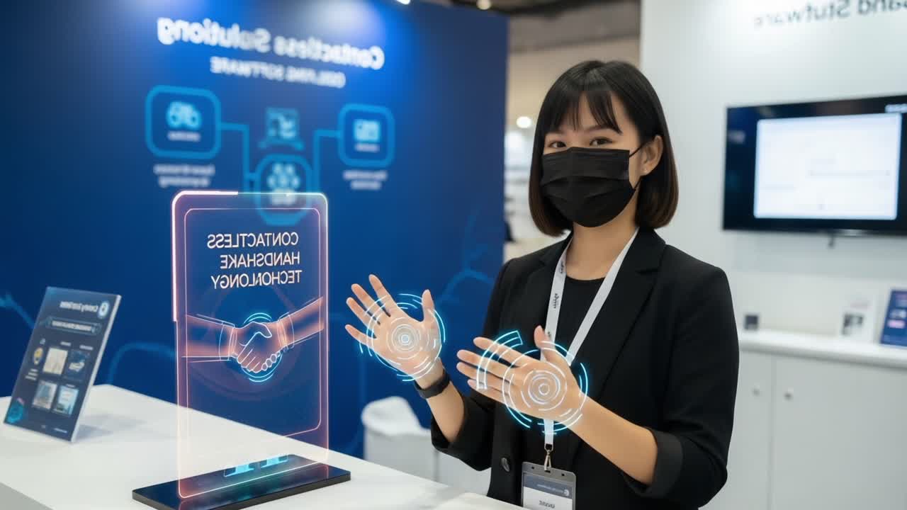 Innovative Technology Display: A Professional Engages with Interactive Holographic Interface for Enhanced Connectivity and Handshake Simulations