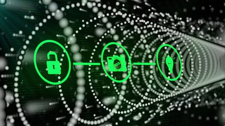 Animation of security padlock with icons and data processing over black background
