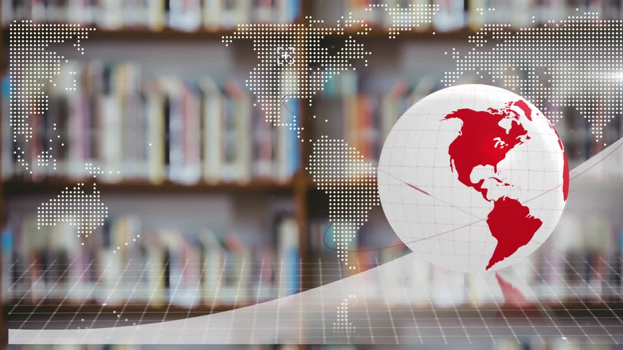 Animazione di globo con rete di connessioni sopra scaffali di libri in biblioteca