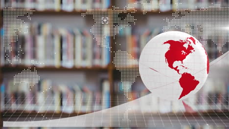 animation of globe with network of connections over shelves with books in library