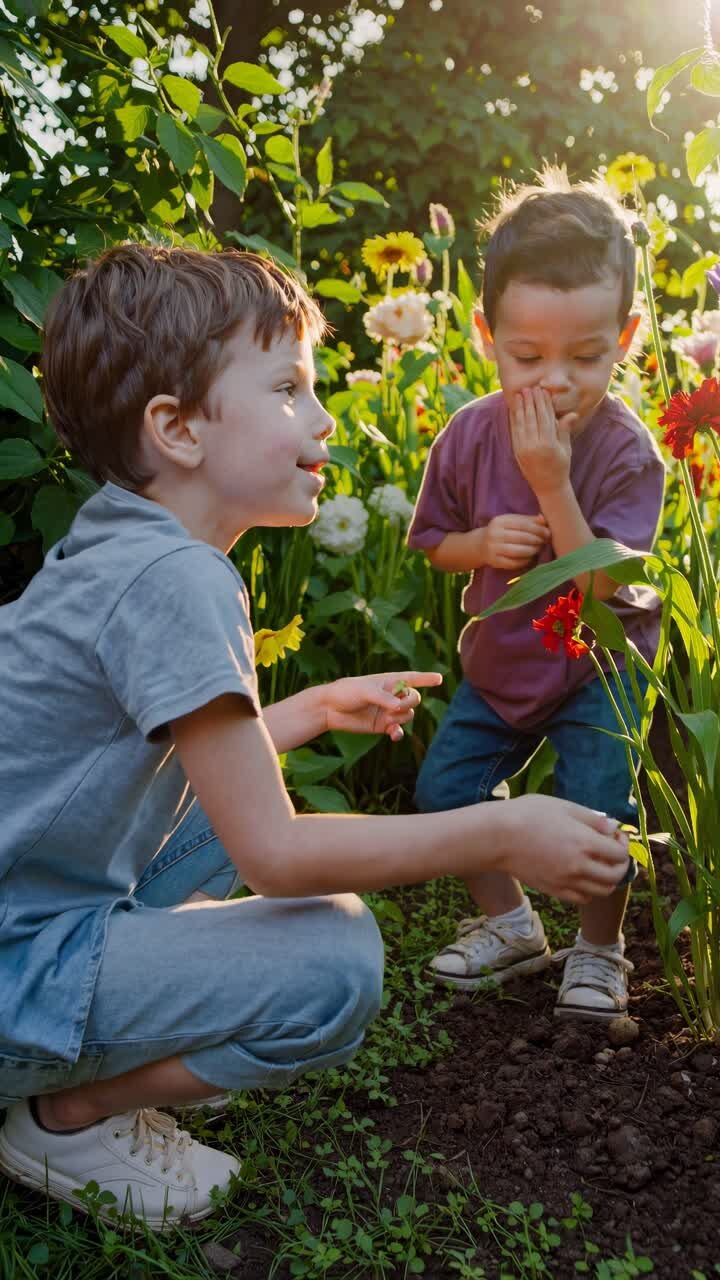 Two children gardening in a sunlit garden, captured from a low angle