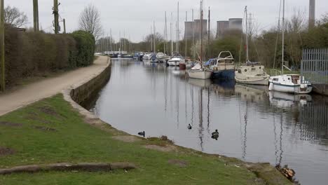 Kleine-Segelboote,-Die-Auf-Einer-Schmalen-Ländlichen-Kanaljachthafen-Festgemacht-Sind