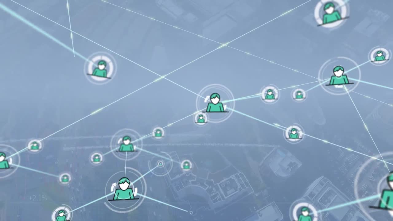 아이콘과 데이터 처리를 통해 도시 풍경에 대한 연결 네트워크의 애니메이션