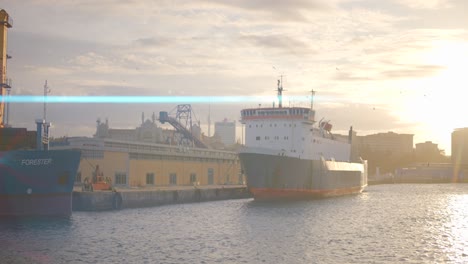 cargo ship at sunset port