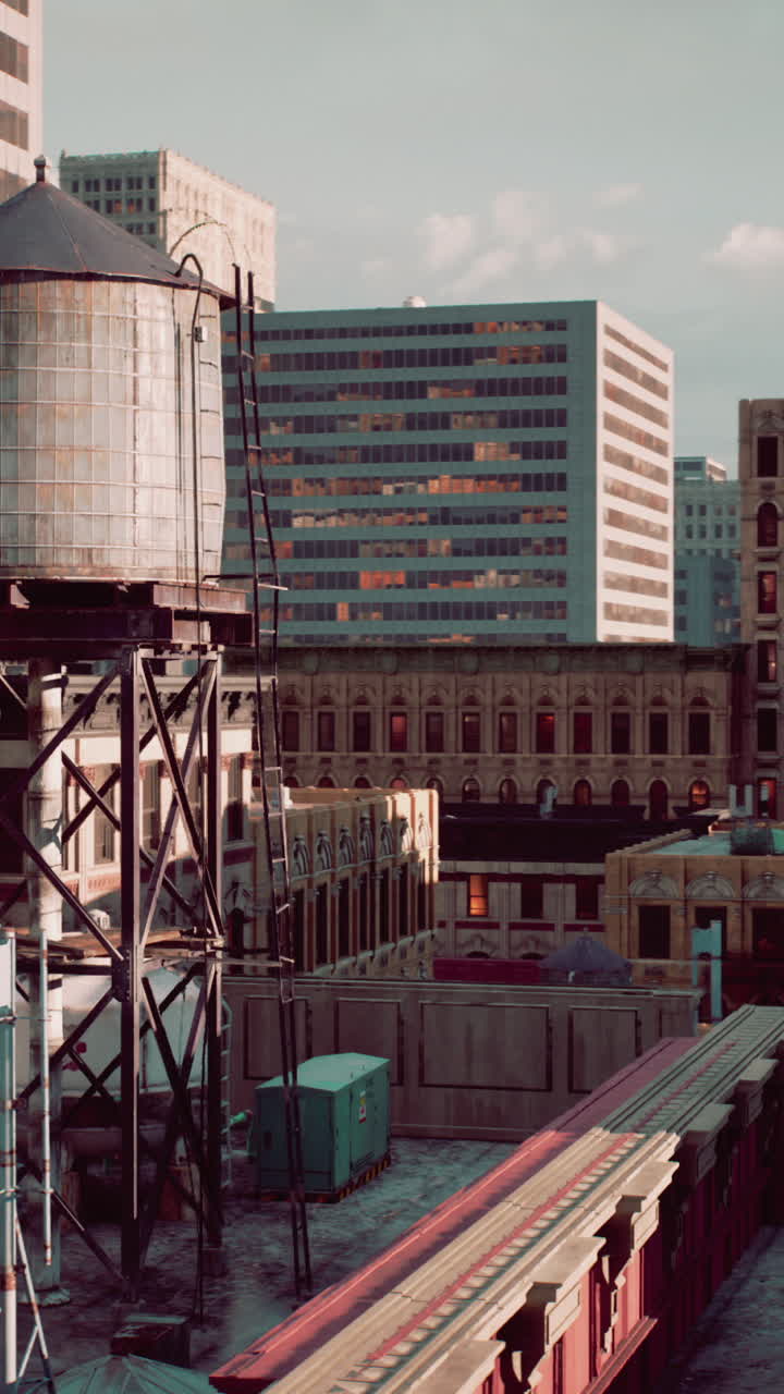 A water tower on a rooftop in a city