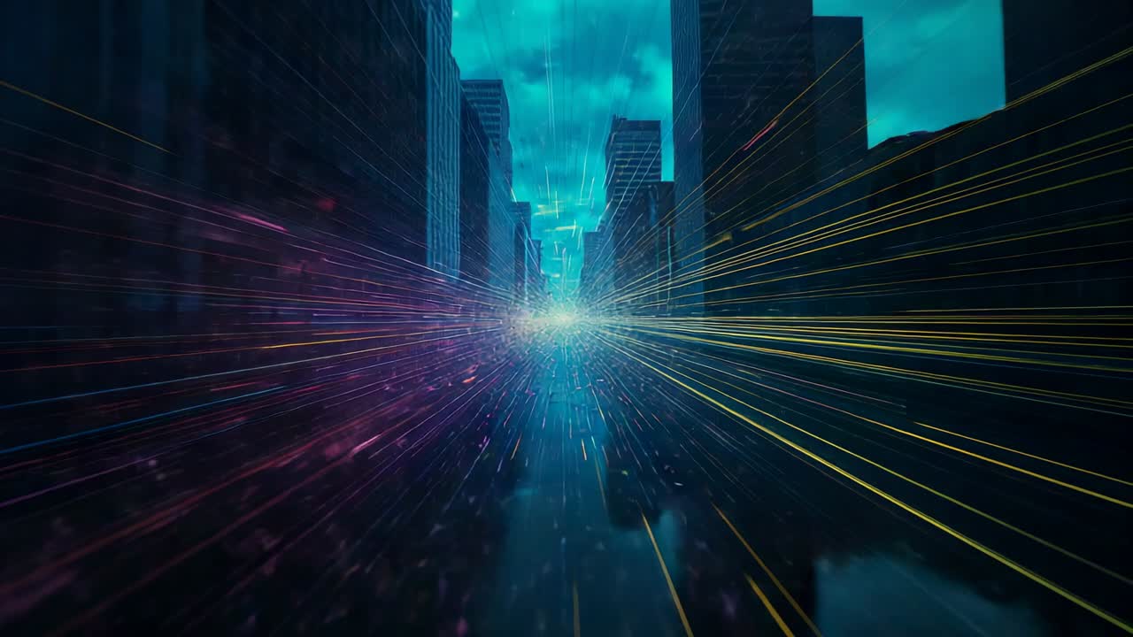 Emerging neon lines transforming urban canyon into racing tunnel of light particles toward horizon