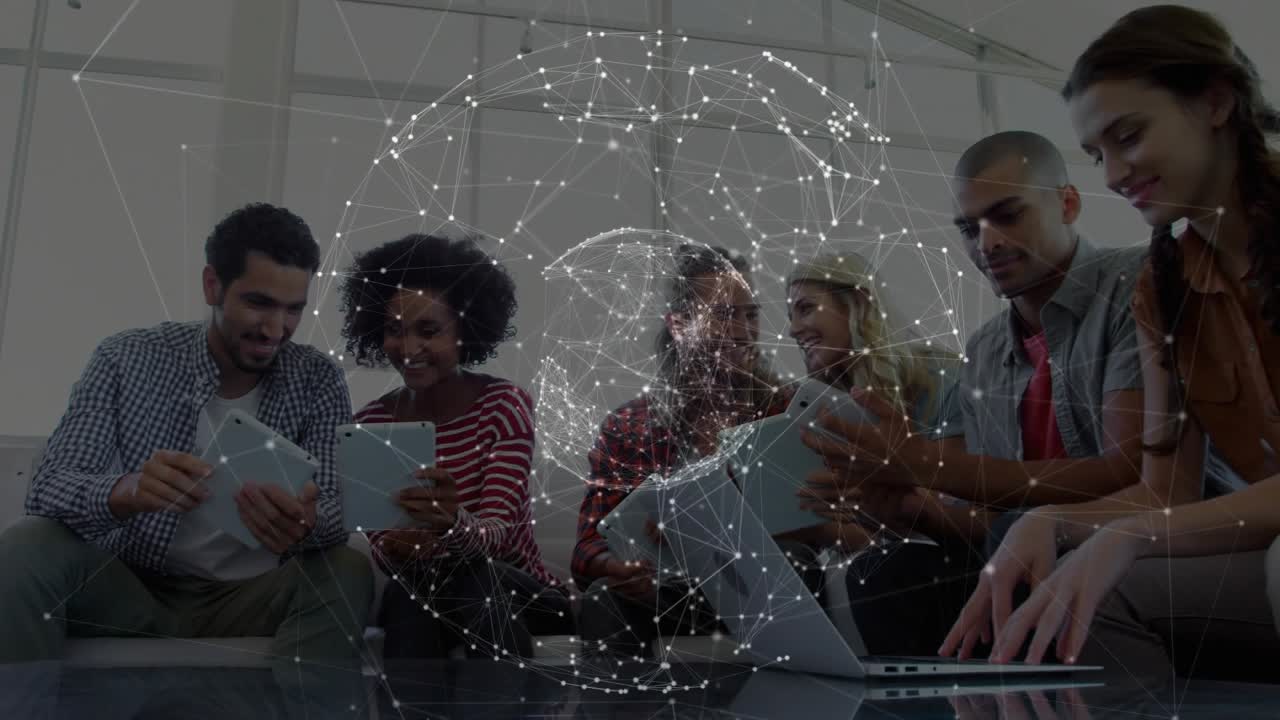 Tech team tapping devices as network sphere appearing rotating into question mark sparking teamwork