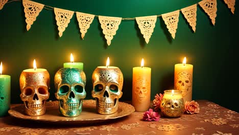 day of the dead decorated altar with candles and sugar skulls