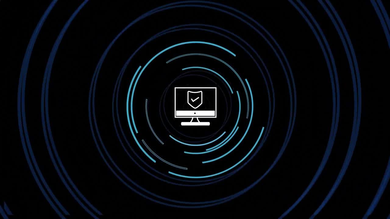animación del procesamiento de datos del escudo sobre pantalla de computadora y fondo oscuro
