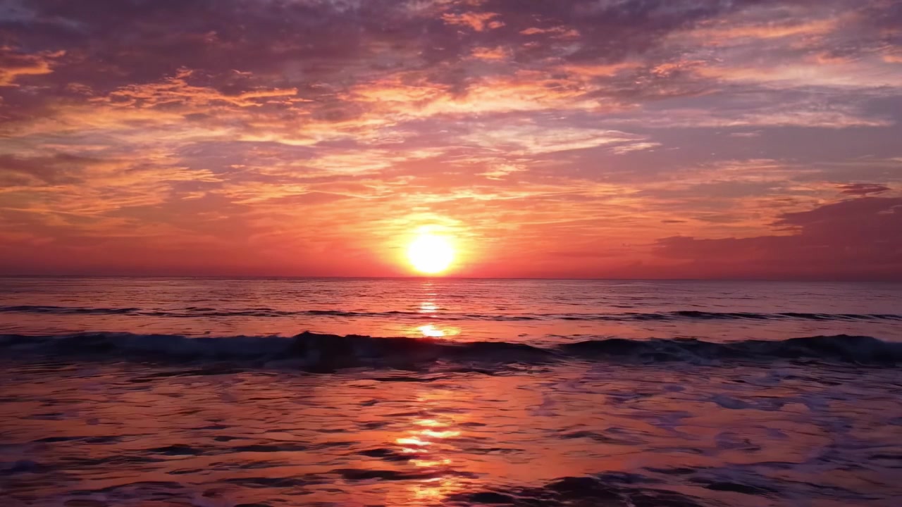 Vibrant Sunset Over Tranquil Ocean, Capturing the Serenity of Nature as the Day Transitions into Night with Glorious Hues and Reflections on Water