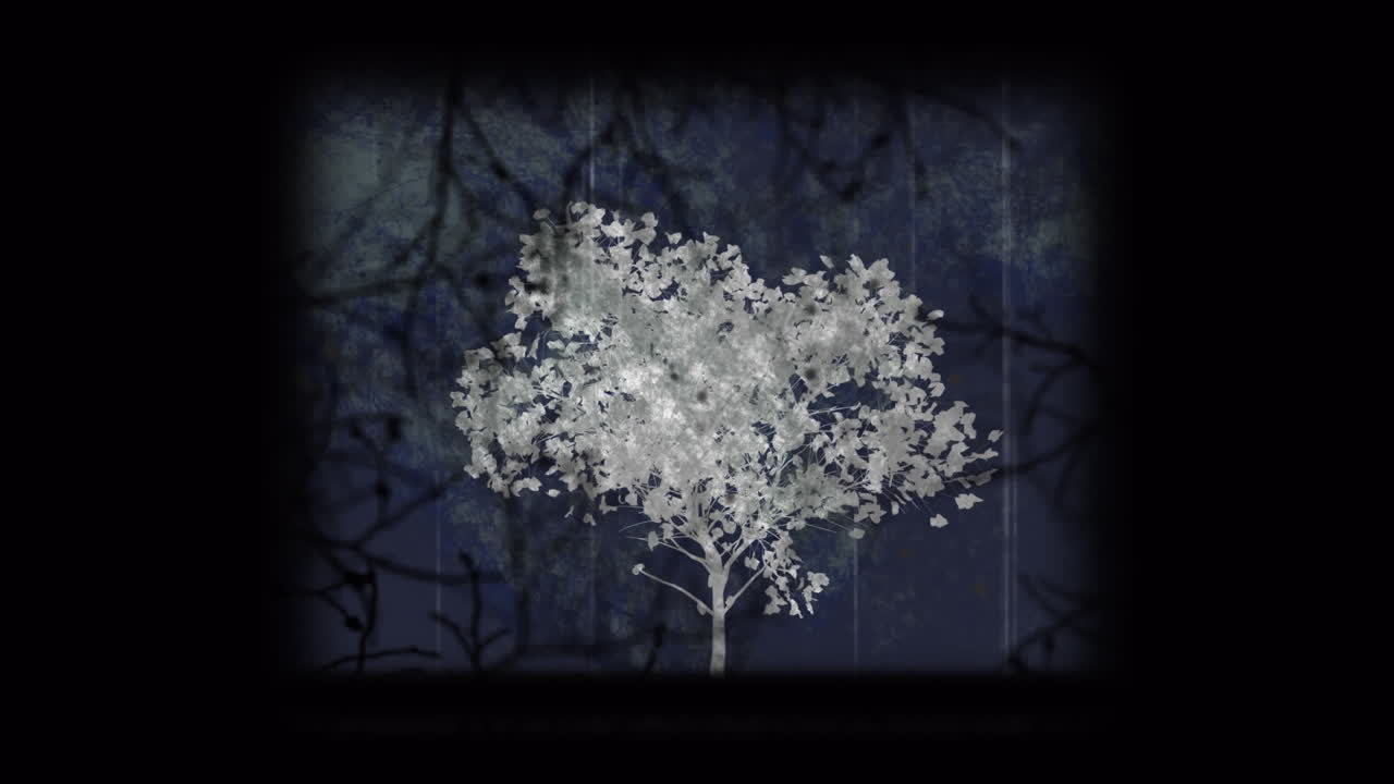 블랙 배경의 끔찍한 나무에 대한 vhs 오류 효과의 디지털 애니메이션