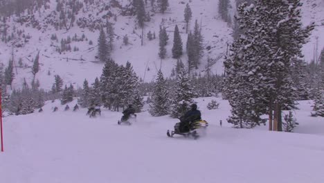 una larga fila de motos de nieve se dirige a través de un desierto nevado