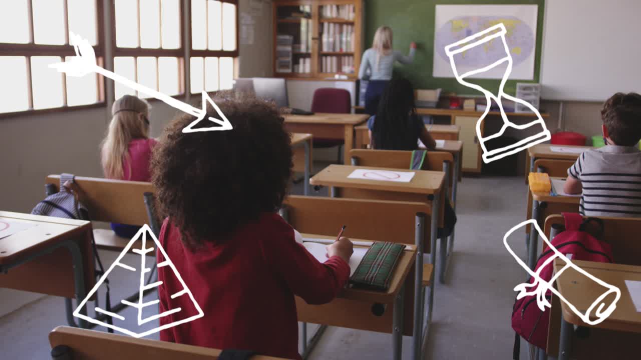 animação de ícones de itens escolares movendo-se sobre os alunos