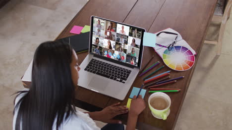 mujer caucásica usando una computadora portátil en videollamada con colegas y tomando notas trabajando desde casa
