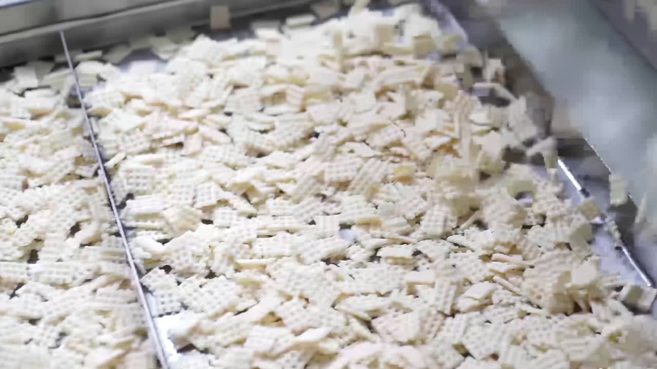 Cookie food cake factory on an assembly line, automated Cookies on a Conveyor Belt Production Line in a Factory, ready for packaging and distribution.