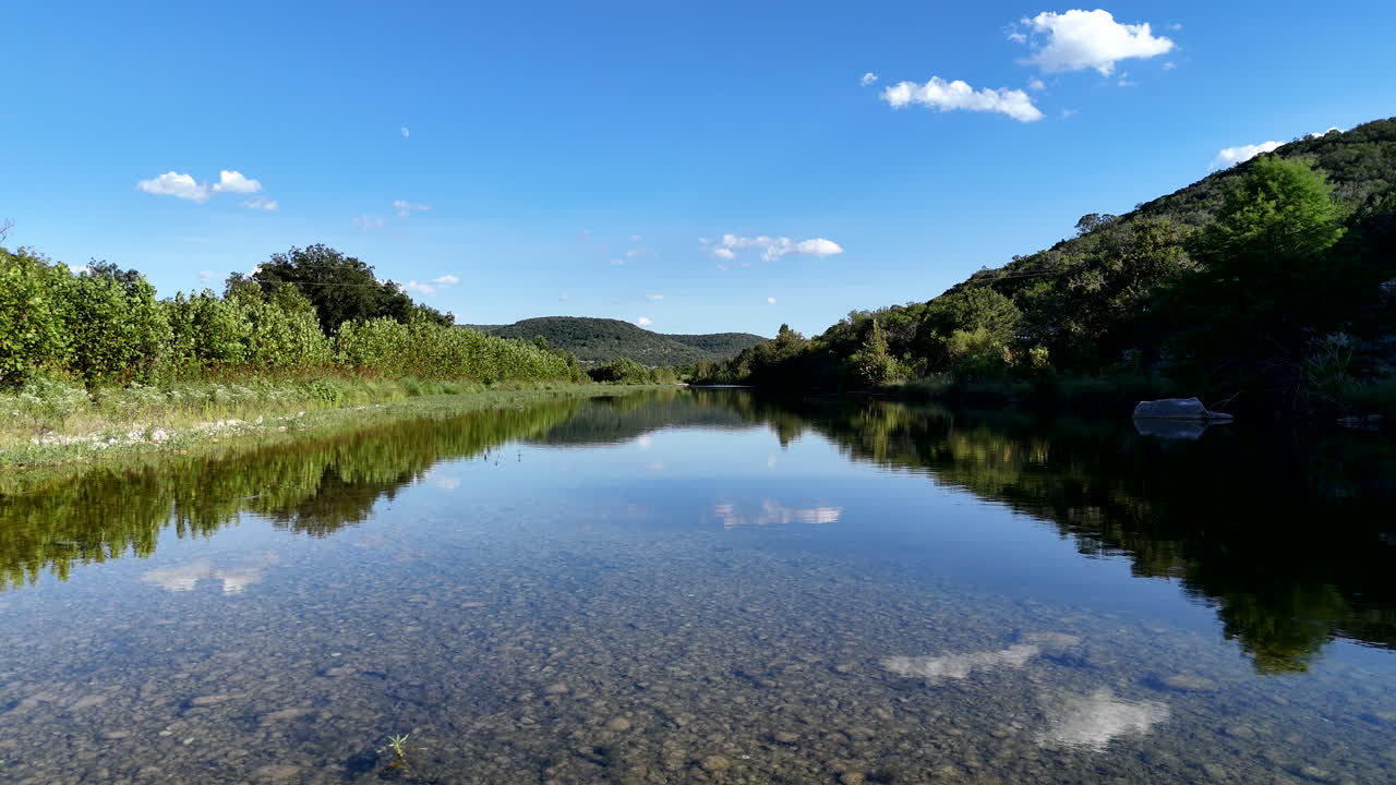 A sweeping aerial view of a river in the Texas Hill Country