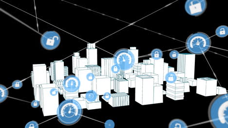 animación de la red de conexiones con iconos sobre el dibujo de la ciudad en 3d