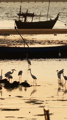 herons gather near a boat on pattaya beach