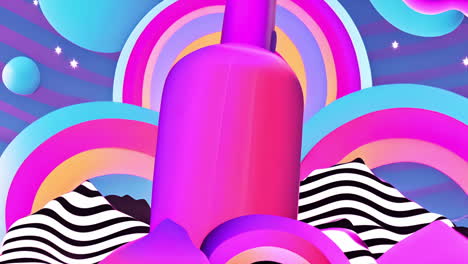 vibrant abstract landscape with pink bottle and striped mountains