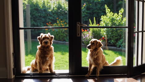 two dogs sitting by a glass door looking into a sunny backyard