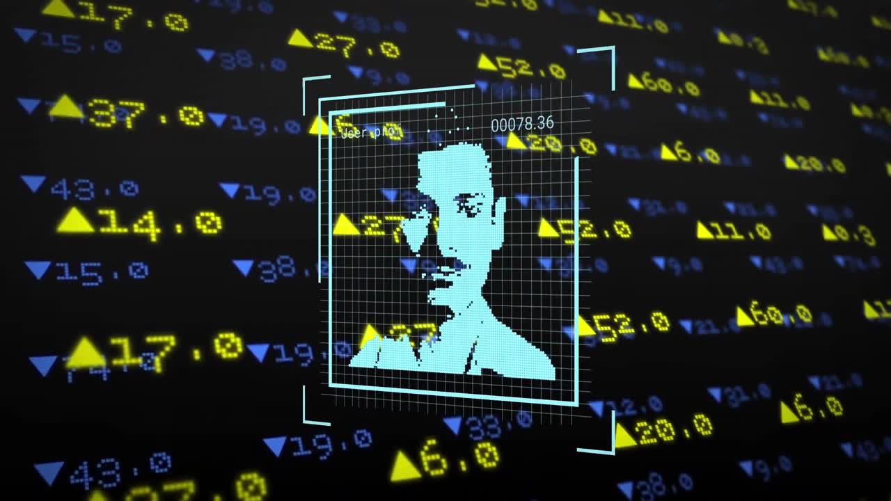 Animation of data processing with people portraits over stock market on black background