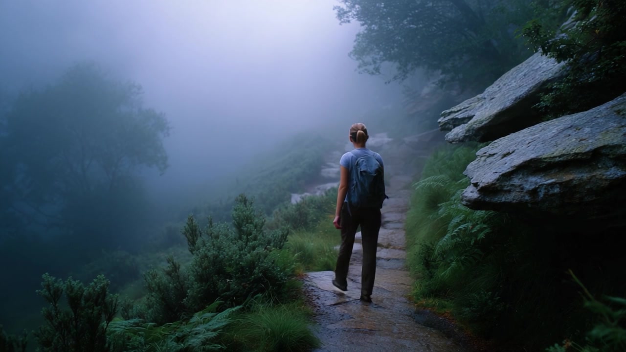 A solitary figure navigates a foggy path through a serene landscape, surrounded by lush greenery and rocky formations, epitomizing tranquility and exploration.