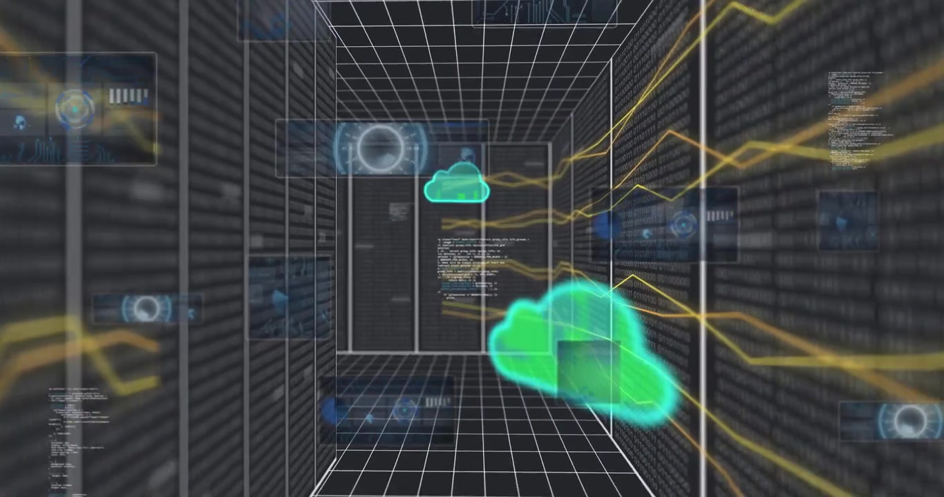 Animation of circles, clouds, lines moving, computer language, binary codes on model of server room