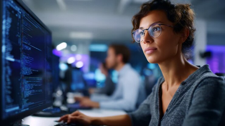 Focused Female Programmer Analyzing Data on Computer Screen in Modern Tech Workspace with Code and Graphics in Background, Representing Coding and Innovation