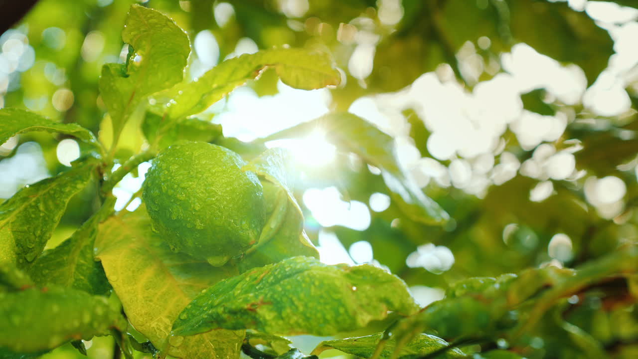 la lima madura en el árbol después de que las gotas de lluvia brillen en las hojas del jardín de cítricos video 4k