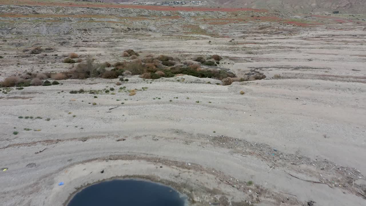 mosca aérea sobre un estanque de agua junto al mar muerto y sobre las colinas cubiertas de flores rojas de la costa del desierto, toma amplia de drones, israel