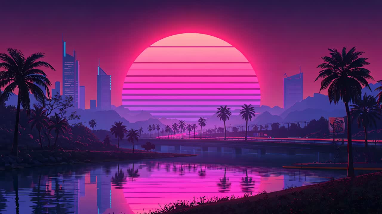 Sole al neon incandescente e palme sullo skyline che illuminano il bagliore dell'acqua con fotogrammi che avanzano mostrando scie di luce