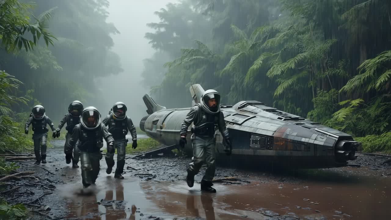 Astronauts and crashed spaceship in a muddy alien jungle