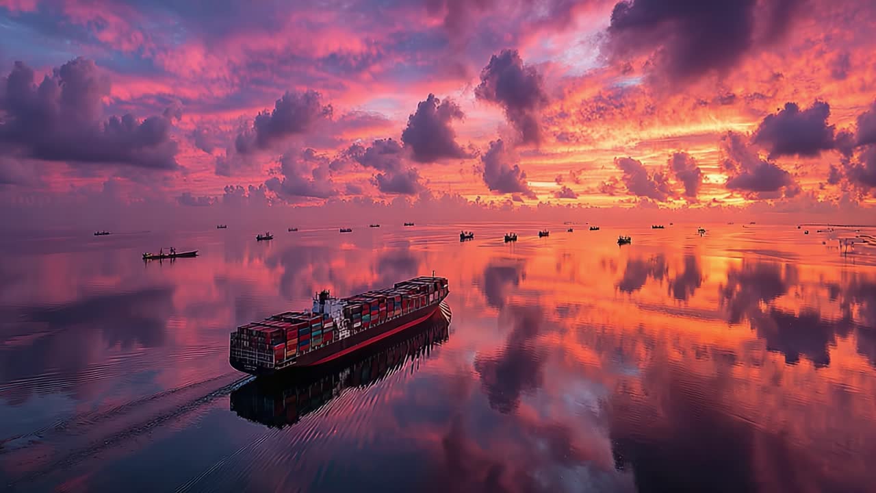 A Stunning Maritime Scene at Dusk: A Large Cargo Ship Navigating Calm Waters Under a Vibrant Sky of Clouds and Reflections During Sunset
