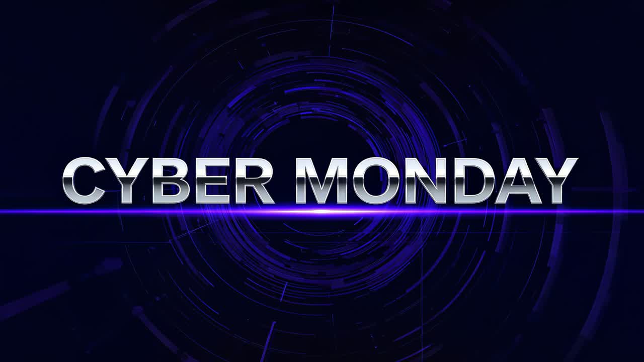 Åbningsskærm, der viser en roterende CYBER MONDAY-titel i metal i en cyanfarvet tunnel med magenta-scanning, der reklamerer for udsalg