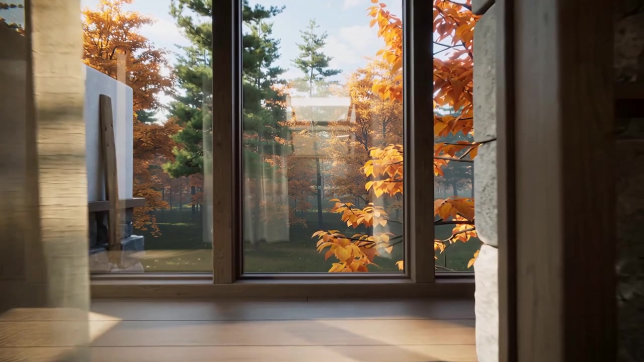 Gliding camera revealing cabin bedroom with made bed toward tall window, showing autumn trees