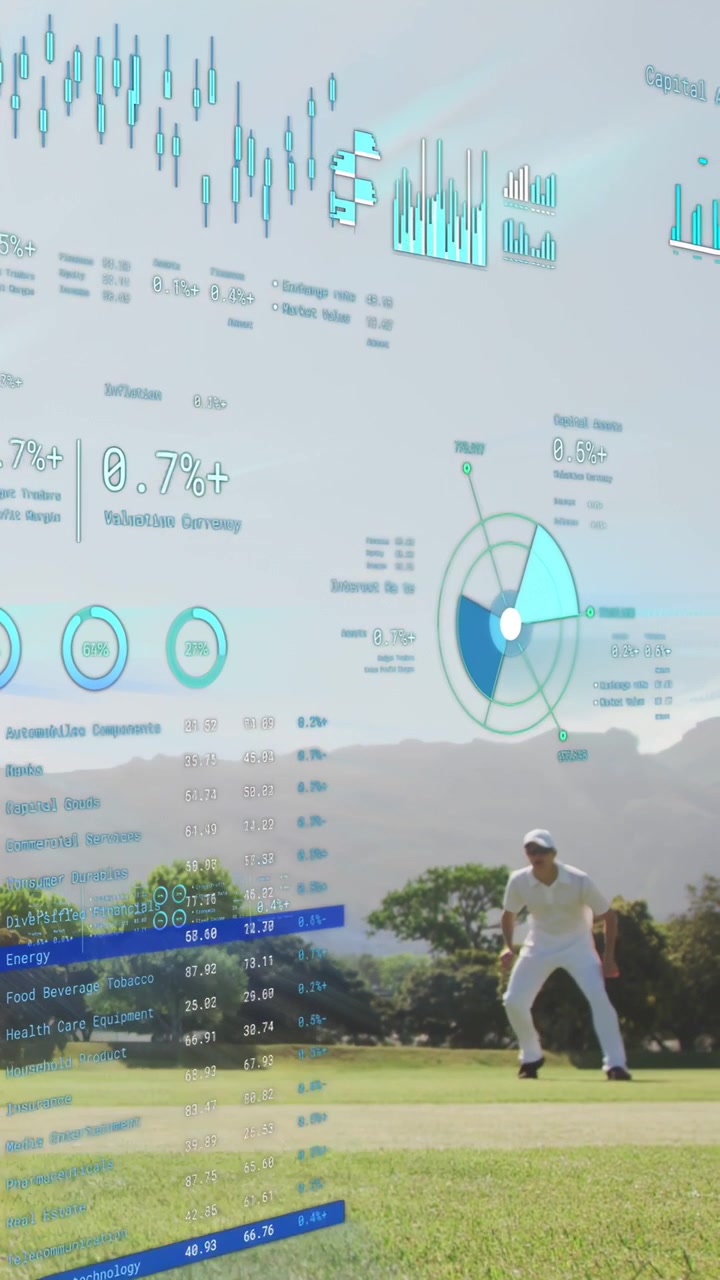 Vertical video: Male golfer nearing hole crouching preparing putt as AR charts pinned to view float