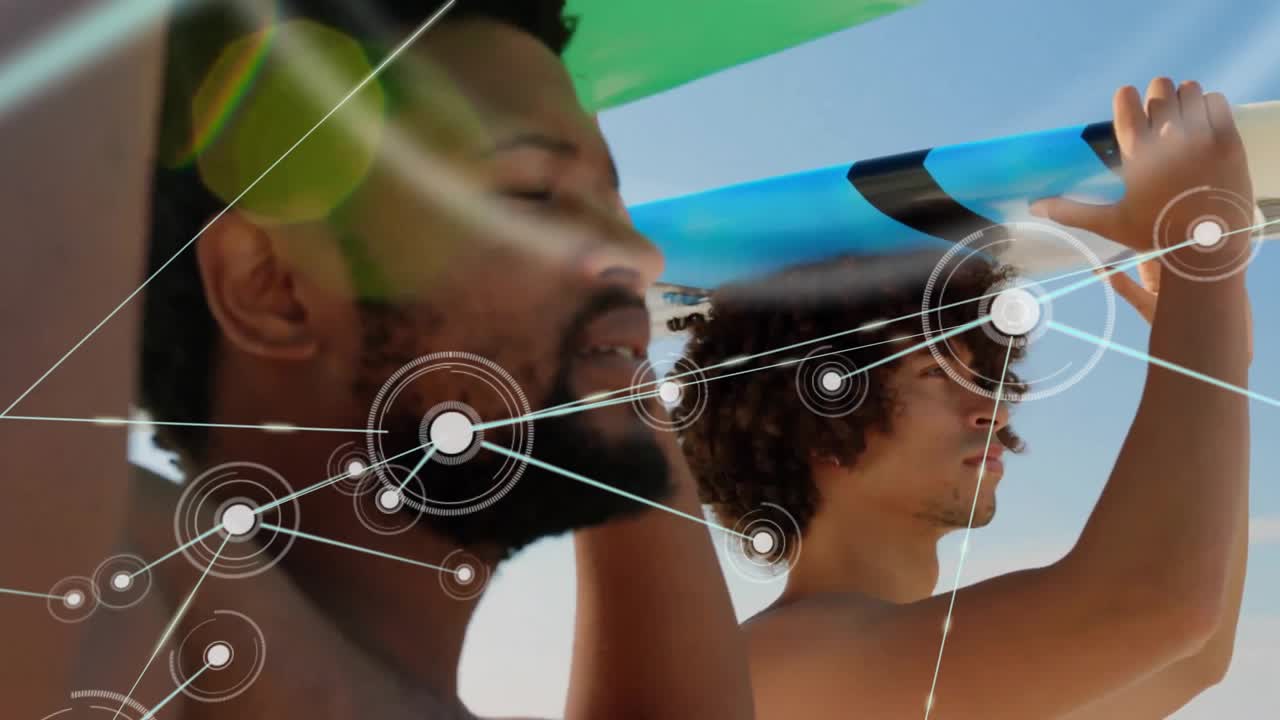 Animation of network of connections with icons over diverse men with surfboards by sea