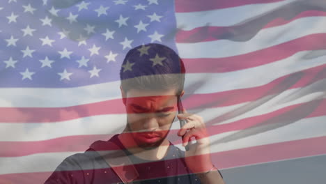 animación de un hombre caucásico en el teléfono sobre la bandera de los estados unidos de américa