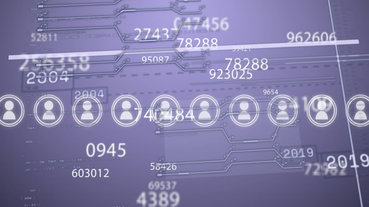 Digital animation of changing numbers and interface with data processing against purple background