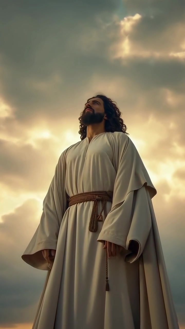 Gesù Cristo che guarda in alto verso un cielo dorato con nuvole