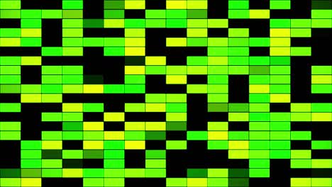 coloridos rectángulos parpadeantes verdes y amarillos aislados sobre un fondo negro, bucle sin costuras. animación. filas paralelas horizontales abstractas de células brillantes
