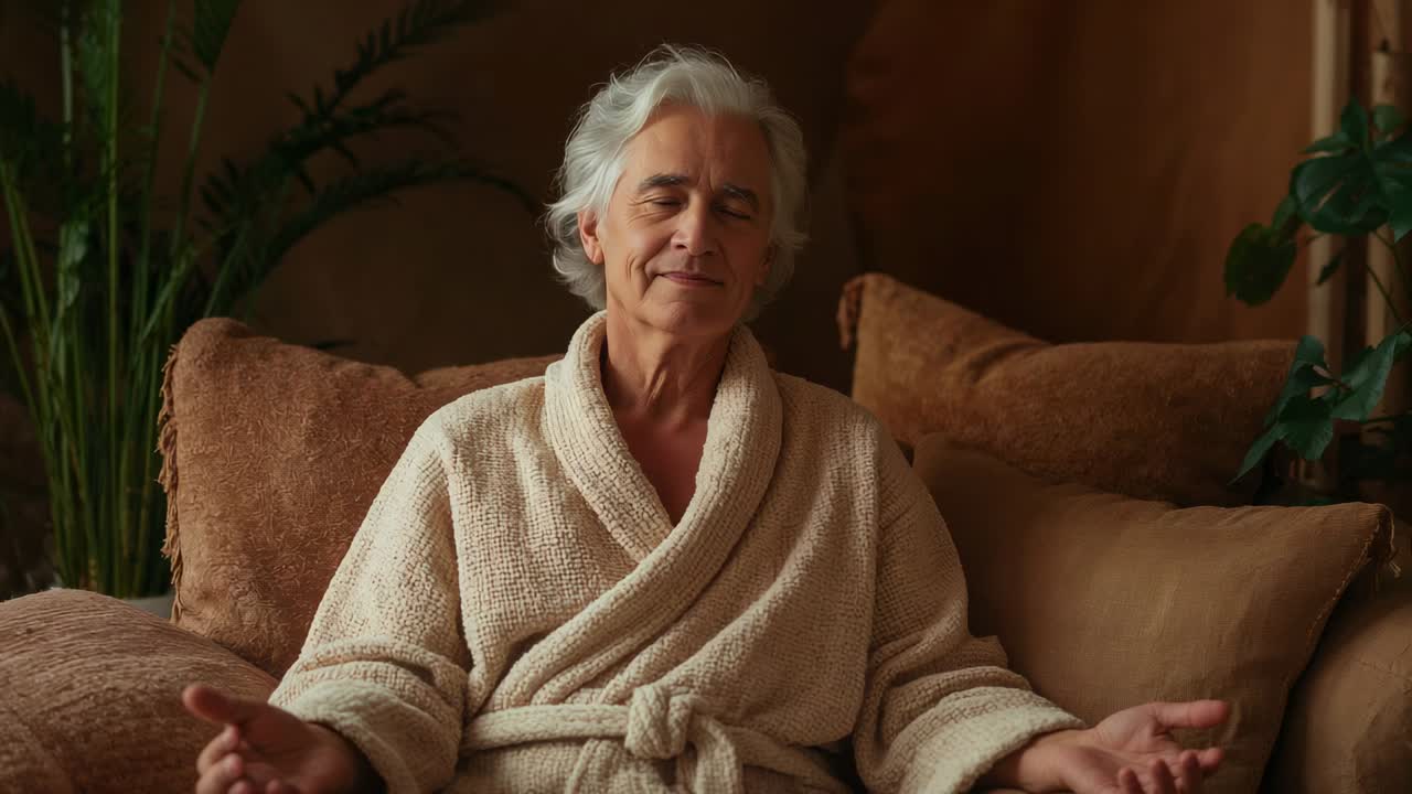 Uomo anziano che respira, reagisce alla luce a sinistra, apre gli occhi sul divano del soggiorno, indossa un accappatoio